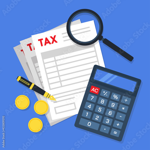 Tax form document papers with a magnifying glass, pen, golden coins, and calculator. Creative financial concept of tax calculation or management. Simple trendy cute vector illustration. Flat style.