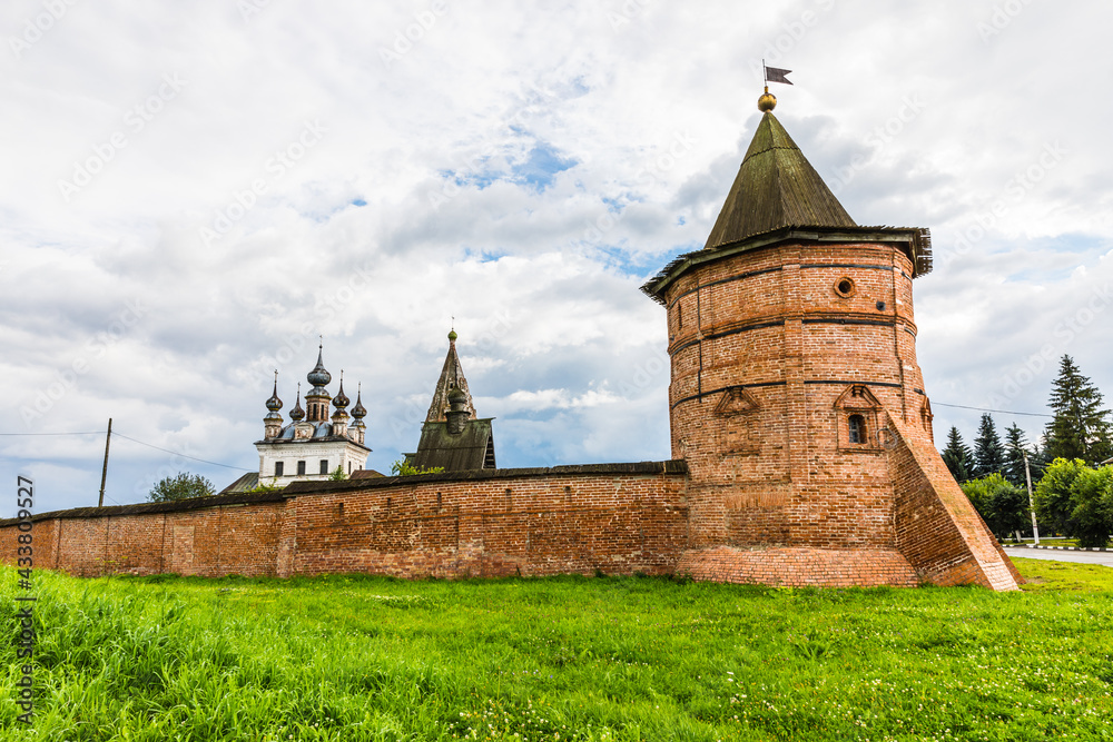 The Archangel Michael Monastery in the  center of the city in the ring of ancient earthen ramparts of the 12th century, left over from the city Kremlin. Yuryev-Polsky, Russia