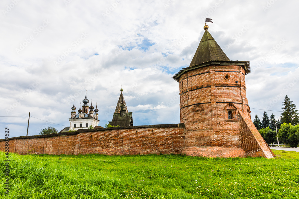 Obraz premium The Archangel Michael Monastery in the center of the city in the ring of ancient earthen ramparts of the 12th century, left over from the city Kremlin. Yuryev-Polsky, Russia