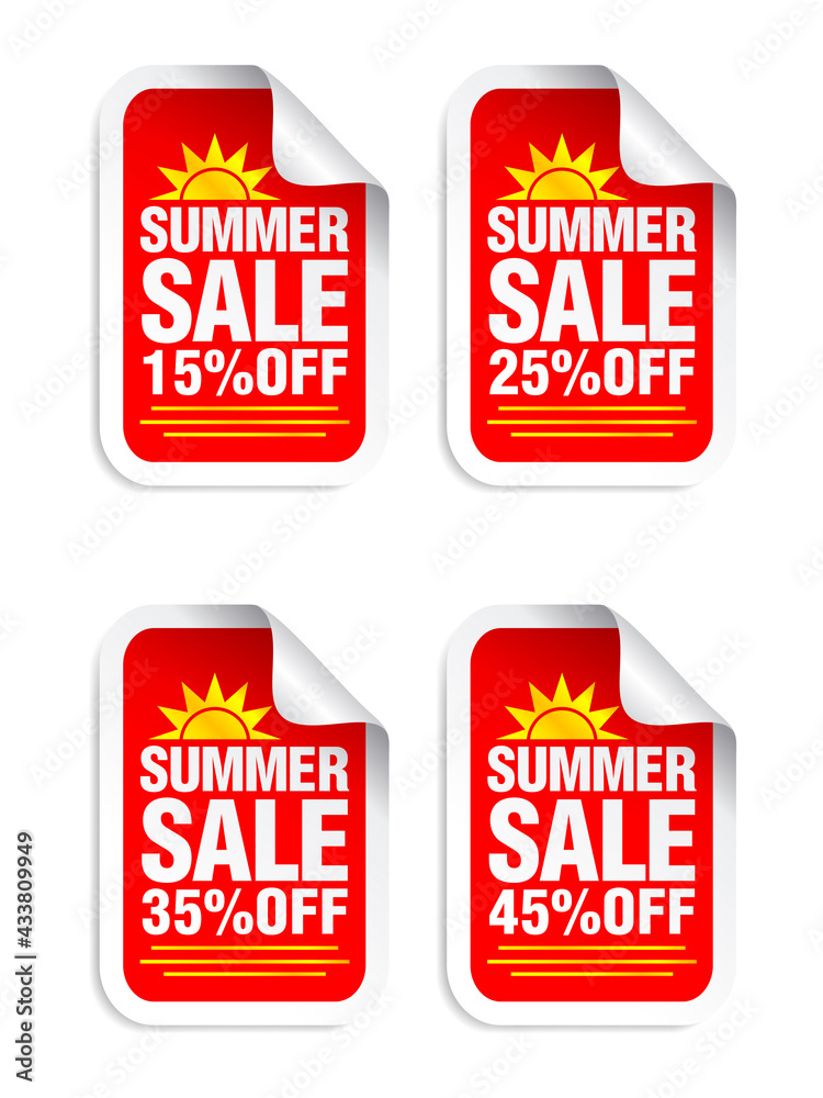 Summer Sale red sticker set. Sale 15%, 25%, 35%, 45% off. Stickers with yellow sun icon. Vector illustration