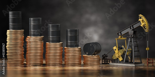 Oil pump jack and barrels on stacks of coins. Decrease of price of crude oil or oil explorati concept. Stock market of crude oil, investment.