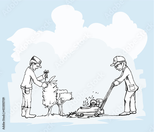 Landscaper hand draw illustration cutting trees and grass