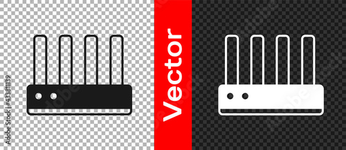 Black Router and wi-fi signal icon isolated on transparent background. Wireless ethernet modem router. Computer technology internet. Vector