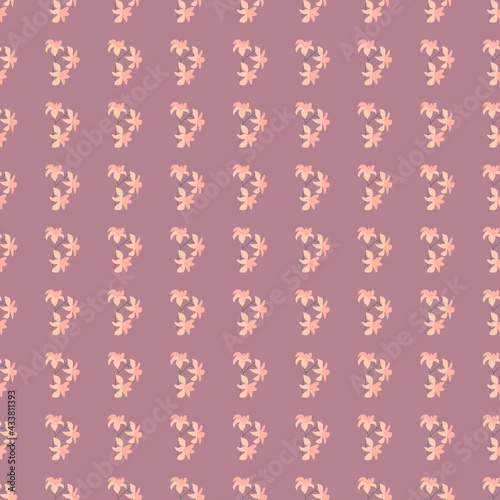 Abstract floral seamless pattern with little pink hawaii flowers ornament. Pale purple background.