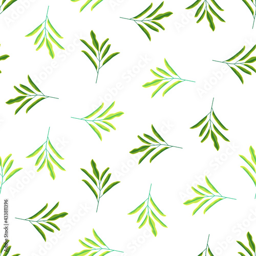 Minimalistic botanic style seamless pattern with green leaf branches shapes on liht background.