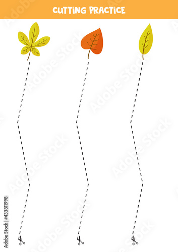Cutting practice for children with cute autumn leaves.