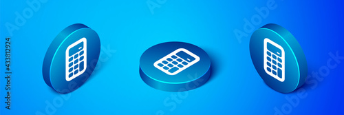 Isometric Calculator icon isolated on blue background. Accounting symbol. Business calculations mathematics education and finance. Blue circle button. Vector