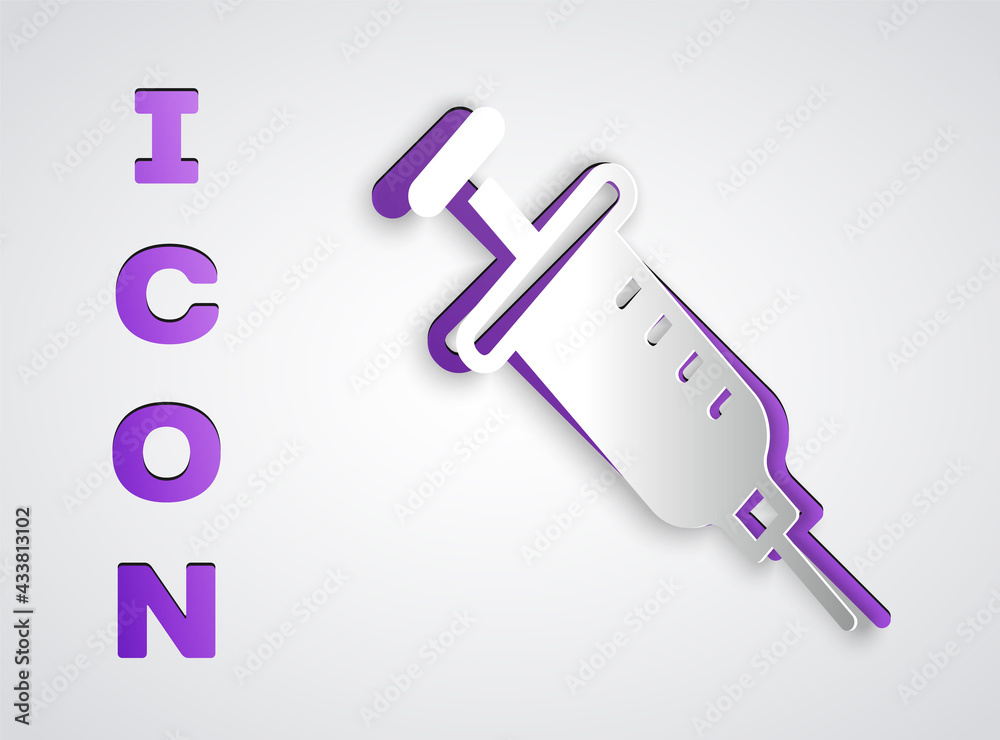 Paper cut Syringe icon isolated on grey background. Syringe for vaccine, vaccination, injection, flu shot. Medical equipment. Paper art style. Vector Paper cut Syringe icon isolated on grey background. Syringe for vaccine, vaccination, injection, flu shot. Medical equipment. Paper art style. Vector