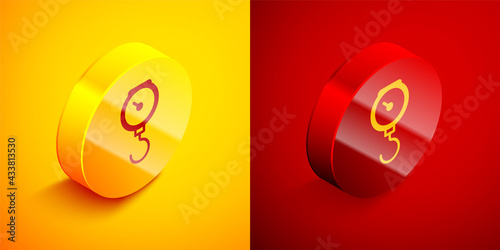 Isometric Hand scale spring mechanical icon isolated on orange and red background. Circle button. Vector