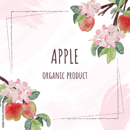 watercolor apple flower and fruit frame for banner with copy space for text