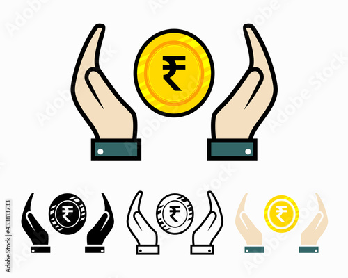 Set of hands holding rupee coin. Protect finances, investment and bangking. Indian rupee coin in hand. Illustration vector