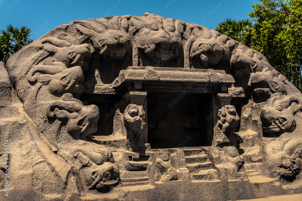 The Tiger Cave Temple- carvings of tiger heads on the mouth of a cave is a rock-cut temple located in the hamlet of Saluvankuppam near Mahabalipuram in Tamil Nadu, South India