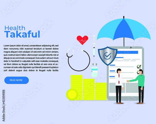 A vector of health takaful concept. Tablet for online sign up and shield symbol as your protected. Men dealing and agree. Stack of coin symbol as income protection. Medical equipment for coverage