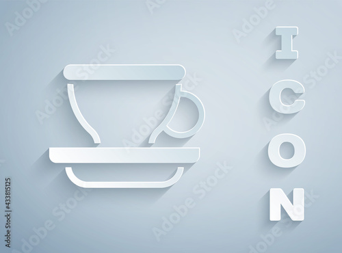 Paper cut Coffee cup icon isolated on grey background. Tea cup. Hot drink coffee. Paper art style. Vector