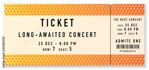 Admission ticket template. Creative entrance ticket with abstract triangle pattern on gold background. Design vector template for concert event, musical performance, exhibition, show