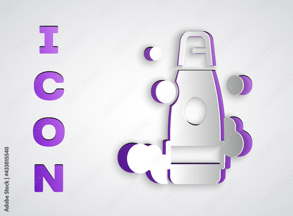 Paper cut Bottle of shampoo icon isolated on grey background. Paper art style. Vector Paper cut Bottle of shampoo icon isolated on grey background. Paper art style. Vector