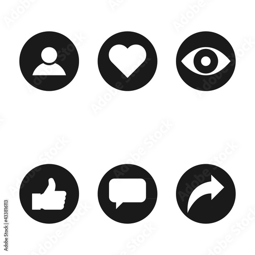 Social symbol for web, thumbs up, comment, share, person, hearth, view graphic. Icon set, collection concept