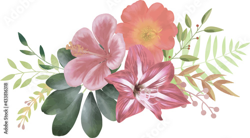 赤い花と葉っぱの繊細な装飾　ベクター素材