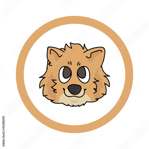 Cute cartoon Pomeranian face in circle puppy vector clipart. Pedigree kennel doggie breed for kennel club. Purebred domestic dog training for pet parlor. Illustration mascot. Isolated canine. 