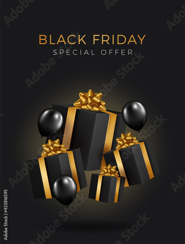 Black Friday Super Sale. Realistic black gifts boxes. Open gift box full of decorative festive object. Golden text lettering .Universal vector background for poster, banners, flyers, card,advertising 