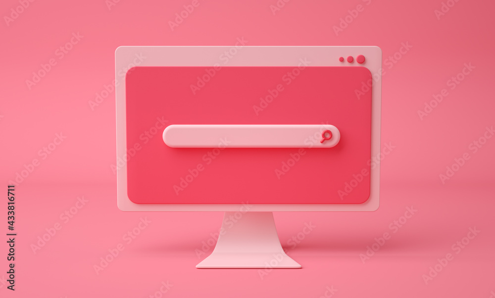 Search bar webpage on cartoon computer screen, pink background. 3d render Search bar webpage on cartoon computer screen, pink background. 3d render