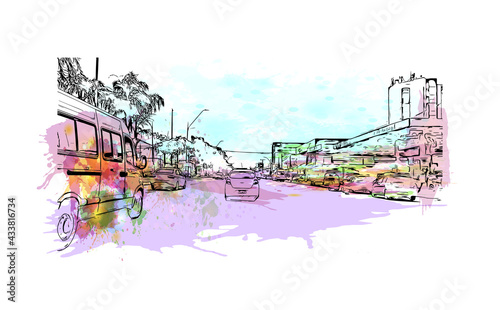 Building view with landmark of Feira de Santana is a city in Brazil. Watercolor splash with hand drawn sketch illustration in vector. photo