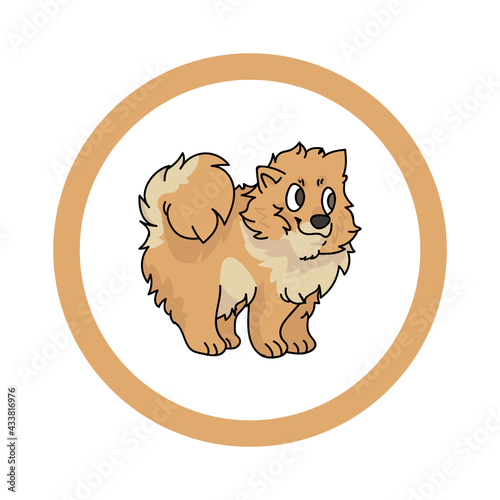 Cute cartoon Pomeranian in circle puppy vector clipart. Pedigree kennel doggie breed for kennel club. Purebred domestic dog training for pet parlor. Illustration mascot. Isolated canine. 