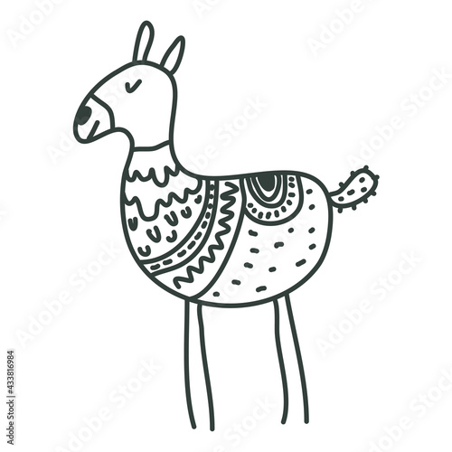 Cute nursery hand drawn lama, alpaca in scandinavian style. Childish print for nursery, kids apparel, poster, postcard. scandi style coloring book. drawing for coloring. doodle animal.