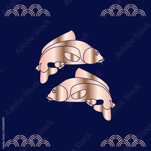 Carp Koli. Feng shui postcard. The element of water. The symbol of Chinese culture. Gold silhouette on a blue background.