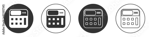 Black Calculator icon isolated on white background. Accounting symbol. Business calculations mathematics education and finance. Circle button. Vector