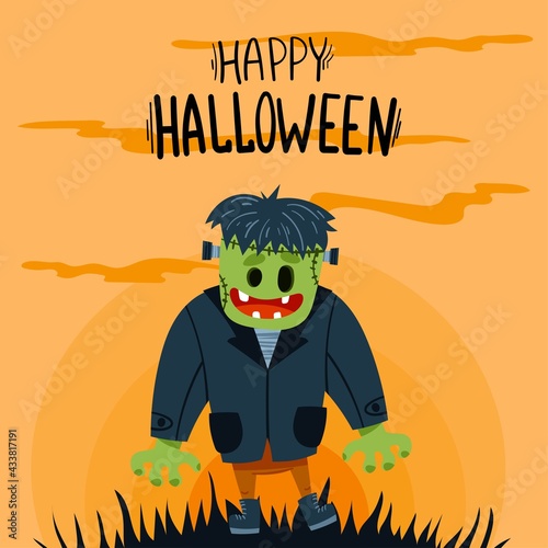 Poster with a good Frankenstein and hand lettering. Sunset. Vector illustration