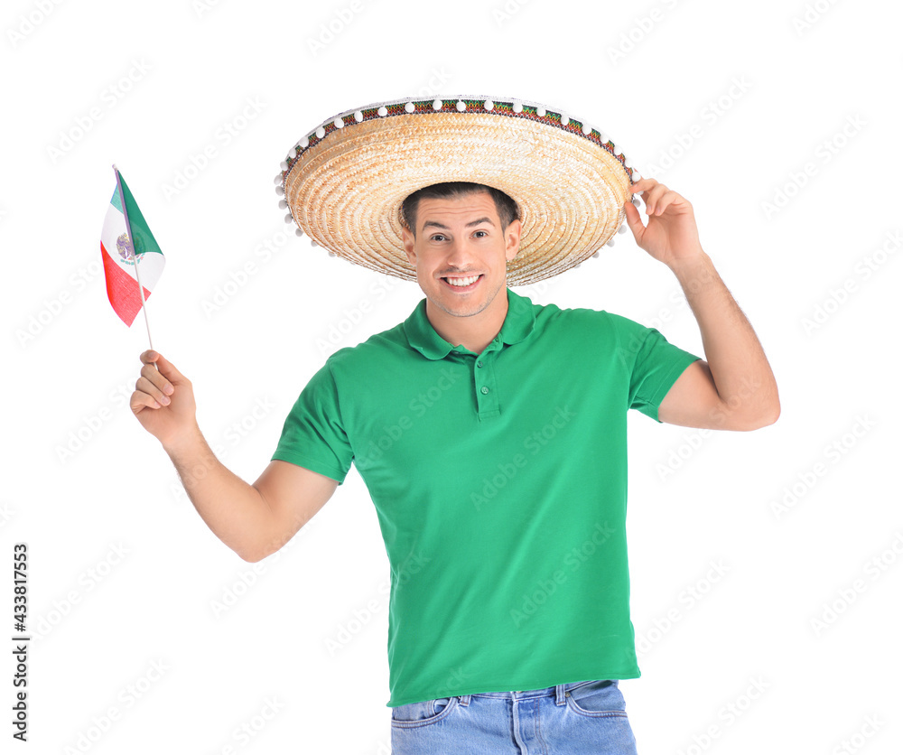 Handsome man in sombrero hat with Mexican flag on white background foto de  Stock | Adobe Stock