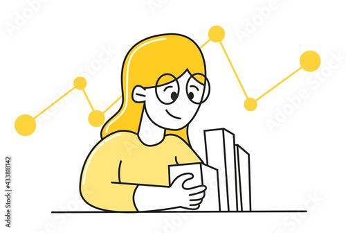Business marketing illustration. Scene with the participation of a woman in business activity. Fashion vector style