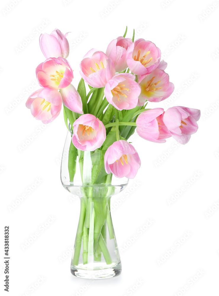 Vase with beautiful tulip flowers on white background Vase with beautiful tulip flowers on white background