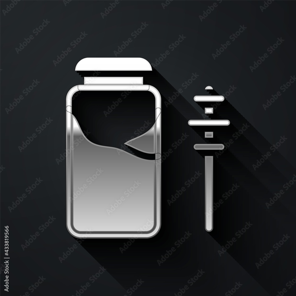 Silver Jar of honey and honey dipper stick icon isolated on black background. Food bank. Sweet natural food symbol. Honey ladle. Long shadow style. Vector Silver Jar of honey and honey dipper stick icon isolated on black background. Food bank. Sweet natural food symbol. Honey ladle. Long shadow style. Vector