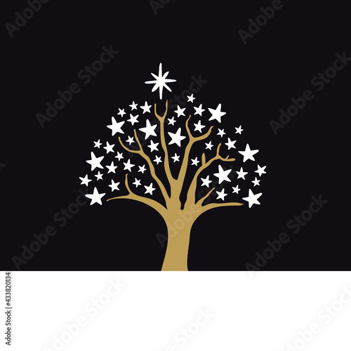 Lebensbaum, goldener Baum des Lebens mit weißen Sternen und schwarzem Hintergrund