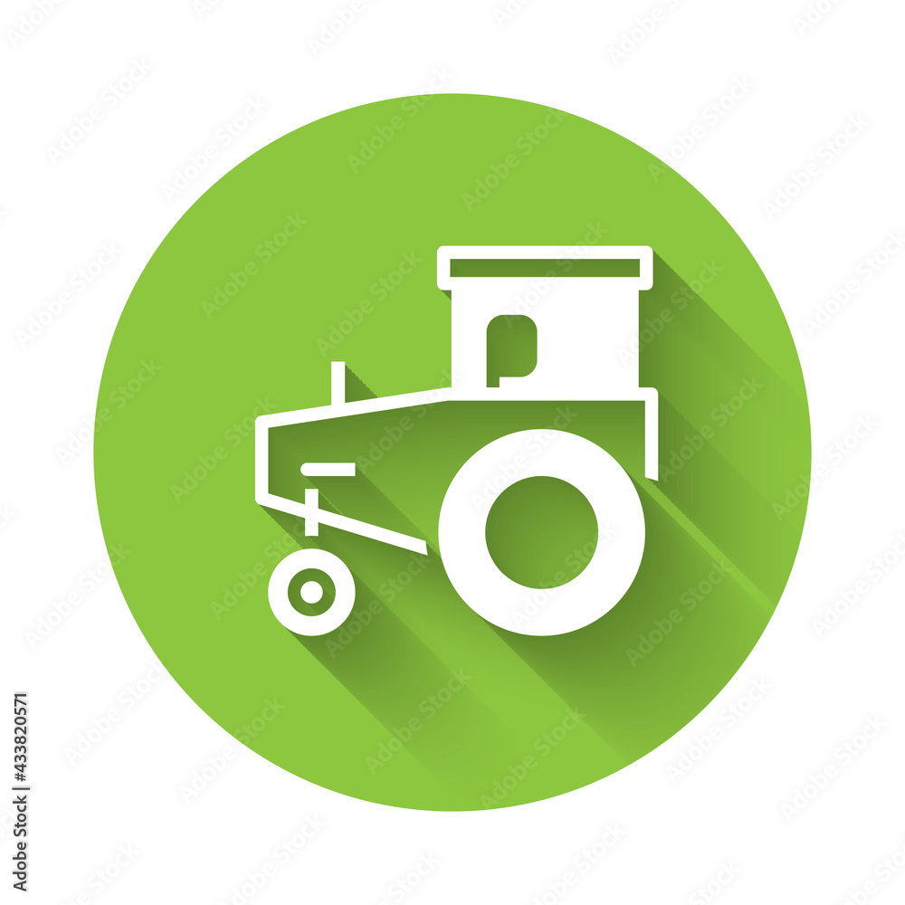 White Tractor icon isolated with long shadow. Green circle button. Vector White Tractor icon isolated with long shadow. Green circle button. Vector