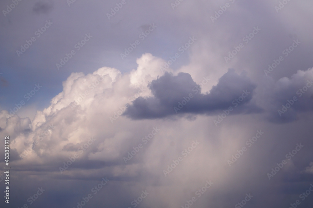  A sky with many clouds, from light and white, illuminated by the sun, to dark thunderclouds.