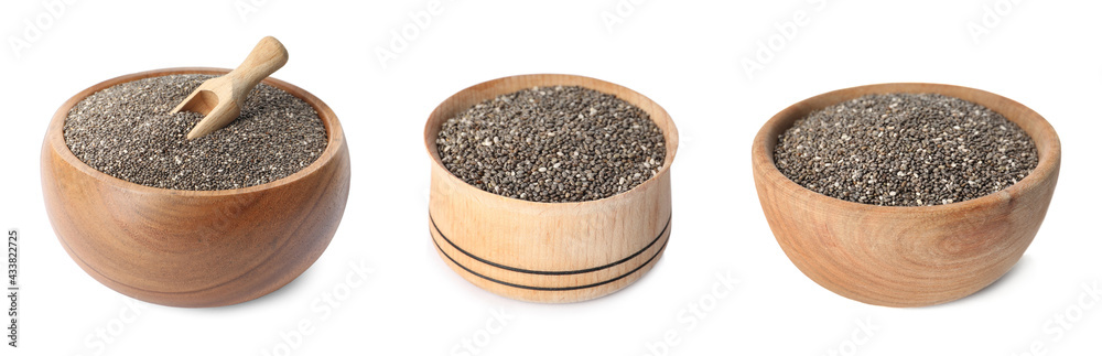 Set with chia seeds on white background. Banner design