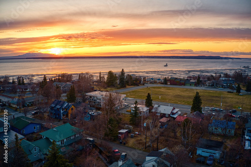 Aerial View of a Sunset over Downtown Anchorage, Alaska in Spring