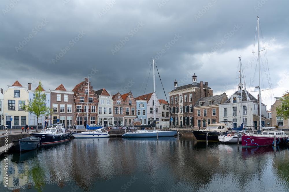 view of the harbor marina and city center of Goes in Zeeland