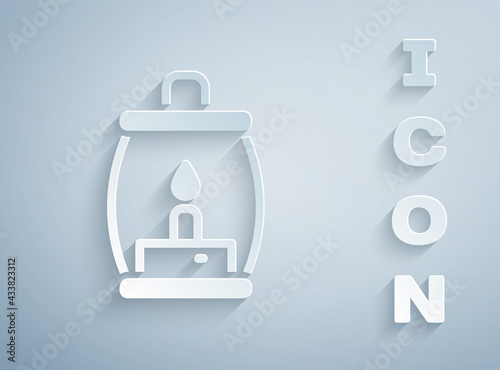Paper cut Camping lantern icon isolated on grey background. Happy Halloween party. Paper art style. Vector