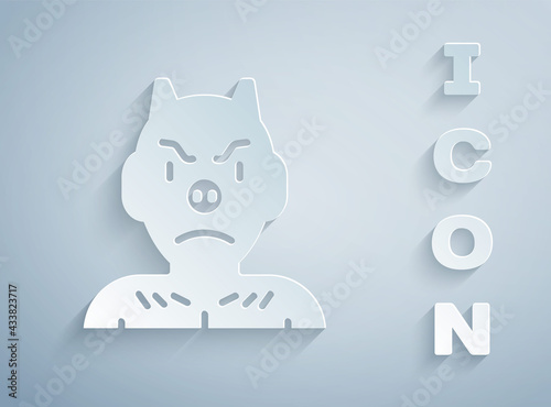 Paper cut Krampus, heck icon isolated on grey background. Horned devil. Traditional Christmas devil. Happy Halloween party. Paper art style. Vector