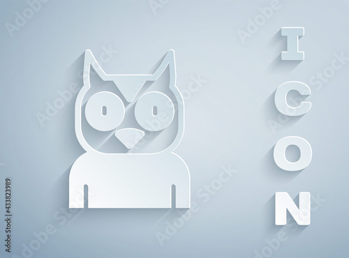 Paper cut Owl bird icon isolated on grey background. Animal symbol. Paper art style. Vector
