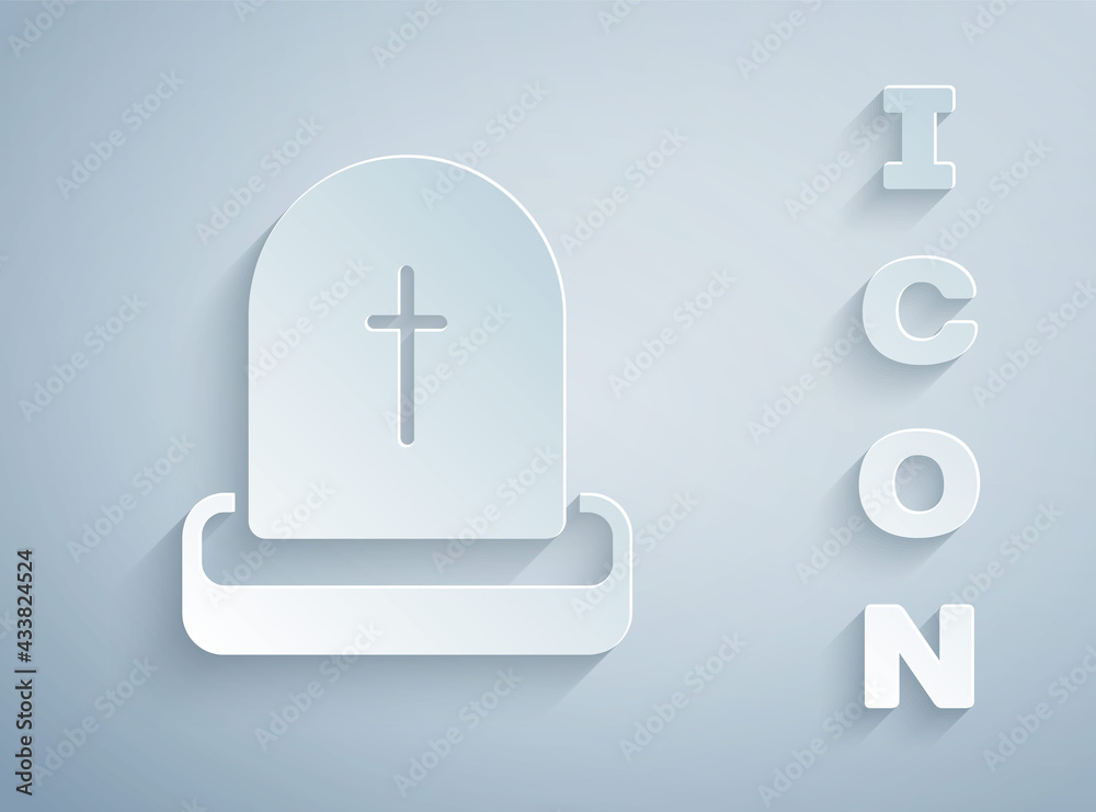 Paper cut Tombstone with RIP written on it icon isolated on grey background. Grave icon. Happy Halloween party. Paper art style. Vector Paper cut Tombstone with RIP written on it icon isolated on grey background. Grave icon. Happy Halloween party. Paper art style. Vector