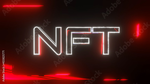 three-dimensional glowing red nft inscription on a dark background. crypto art concept. 3d render illustration