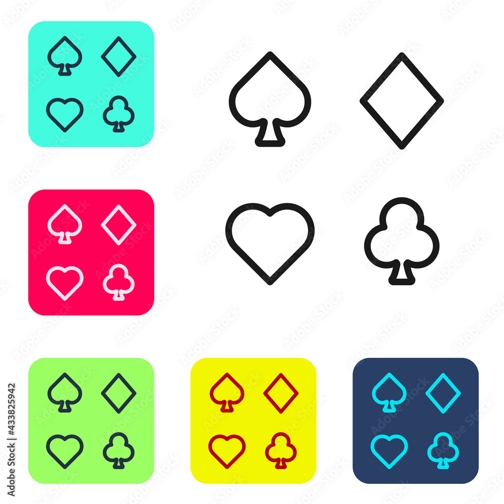 Black line Deck of playing cards icon isolated on white background. Casino gambling. Set icons in color square buttons. Vector Black line Deck of playing cards icon isolated on white background. Casino gambling. Set icons in color square buttons. Vector