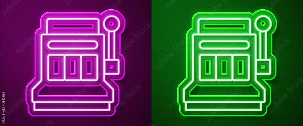 Glowing neon line Slot machine icon isolated on purple and green background. Vector Glowing neon line Slot machine icon isolated on purple and green background. Vector