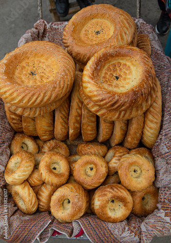 Uzbek national bread called lepeshka. Delicious traditional patir.