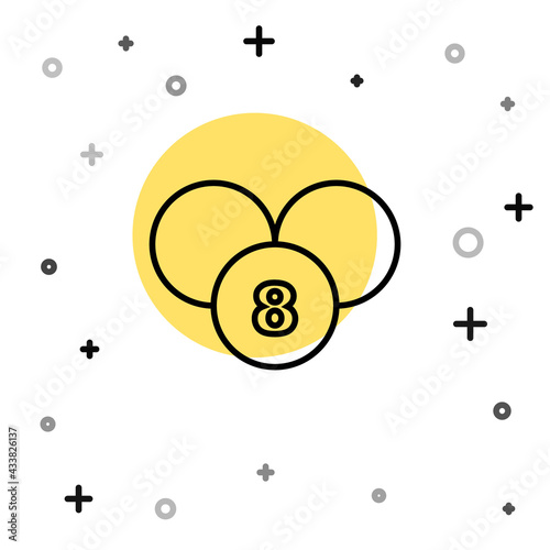 Black line Bingo or lottery ball on bingo card with lucky numbers icon isolated on white background. Random dynamic shapes. Vector